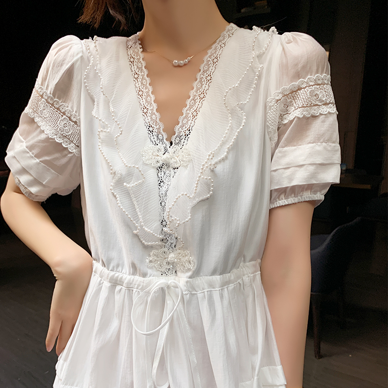白色网纱连衣裙女夏2024新款欧洲站欧货潮短款收腰显瘦蕾丝仙女裙