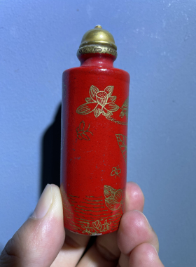 老物件 清代 吉庆堂 陶瓷胭脂红描金花鸟鼻烟壶 摆件 手绘