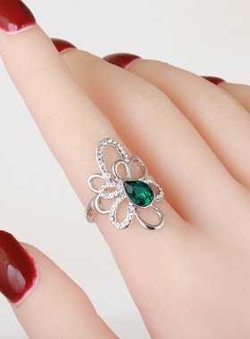 祖母绿水晶装饰食指戒指