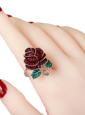 精致高级感水钻玫瑰花食指戒指女