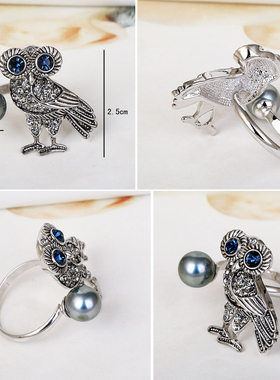 欧美复古水钻珍珠猫头鹰开口食指