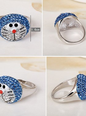 时尚可爱水钻机器猫食指女日戒指