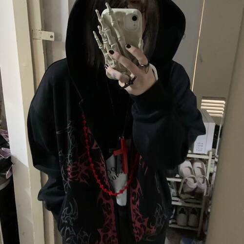 湿体原创  亚文化暗黑系连帽卫衣摇滚朋克宽松外套刺青印花上衣女 - 图3