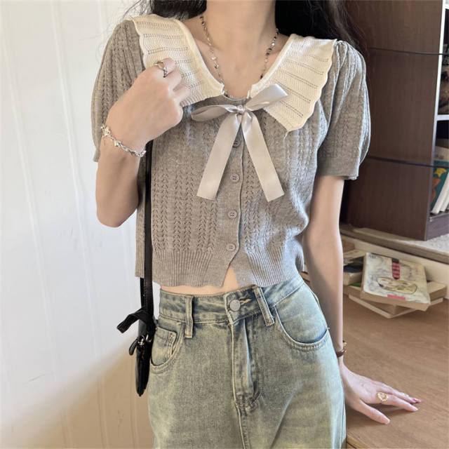 French Sweet Versatile Bow Contrast Knitted Sweater for Women