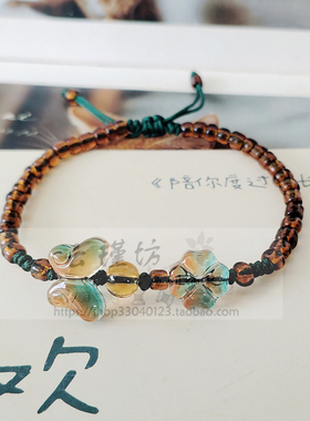 幸福四叶原创琉璃蝴蝶四叶草手工串珠手链手绳手串礼物自动调节