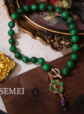 新款中古西洋风绿色玛瑙串珠短款锁骨项链配套耳环配饰