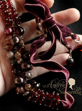 古欧市场[古着古董首饰]紫红丝绒天然珍珠石榴石水晶玛瑙多宝颈链