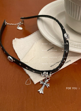 暗黑十字架皮绳项链女甜酷辣妹皮带扣锁骨链颈环choker项圈女颈带