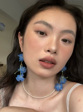 网红轻奢春夏蓝色串珠长款流苏花朵耳环夸张耳饰品海边度假风耳钩