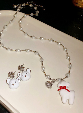 甜美可爱卡通珐琅蝴蝶结小鹿土星珍珠项链女气质小众设计感毛衣链