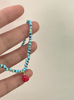 partyme手工夏日蓝色串珠红色爱心设计感项链甜美百搭锁骨链彩色