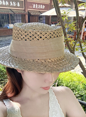 法式度假草帽女咸草编凹顶礼帽夏天防晒遮阳帽复古百搭休闲沙滩帽