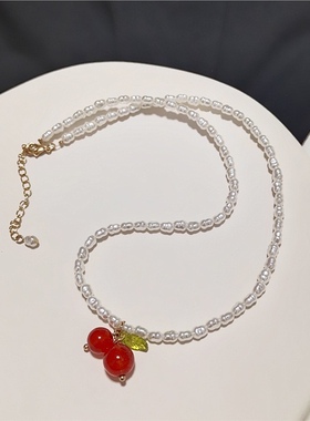 网红夏季甜美樱桃珍珠项链巴洛克颈链淡水珍珠锁骨链女显白小众