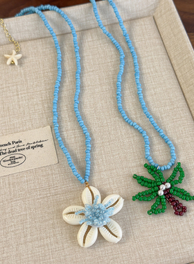 海边度假风天然贝壳花朵项链女小众设计感甜美蓝色串珠海星锁骨链
