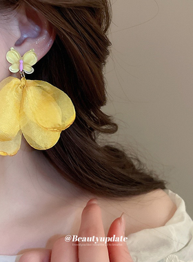 网红雪纺花瓣耳环黄色布艺流苏花朵耳饰耳钉女旅游度假海边旅行女