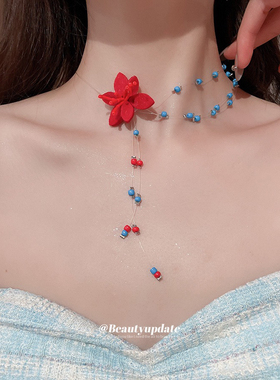 Partyme手工夏日多巴胺花朵流苏项链小众多层叠戴蓝红串珠锁骨链