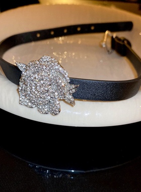 甜酷手工皮革镶钻花朵项链皮带扣颈链冷淡风复古气质项饰女锁骨链