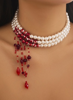 网红哥特风仿珍珠项链创意吸血鬼万圣节血滴流苏锁骨链显白多层