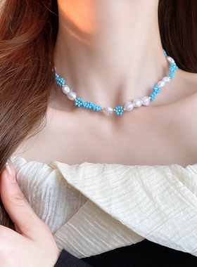 partyme手工串珠米珠花朵不规则仿珍珠项链小众锁骨颈链海边度假