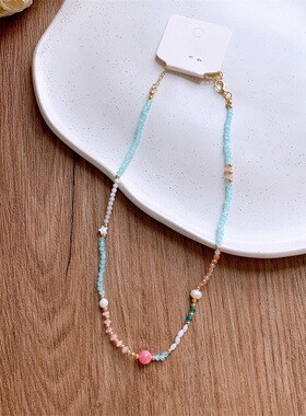 partyme手工蓝色串珠花朵项链女夏季小清新颈链小众设计锁骨双层