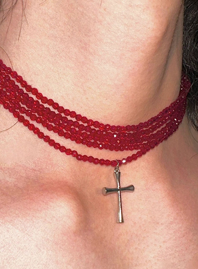 partyme手工暗黑串珠十字架甜酷项链复古锁骨多层一体式朋克项链