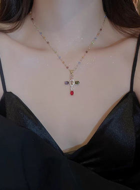 彩色十字架撞色水晶项链女小众设计感ins气质高级超闪锆石锁骨链