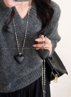黑色珍珠爱心吊坠项链女时尚巴洛克风时尚高级简约百搭项链