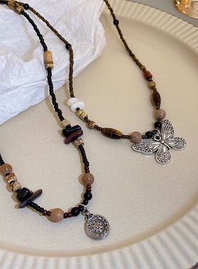 手工新中式复古碎石米珠蝴蝶项链民族风气质禅意风颈链女