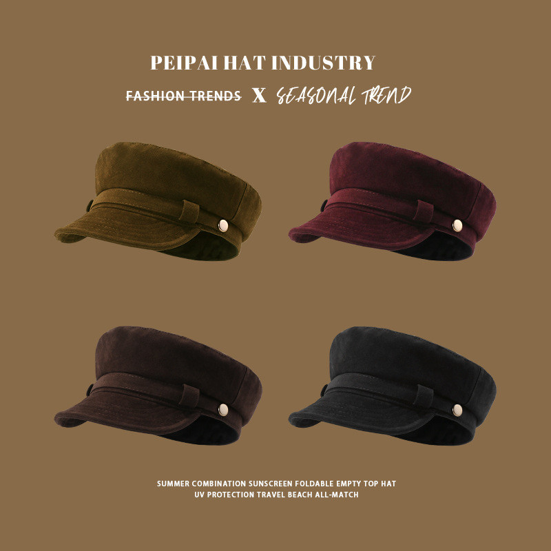 秋冬法式麂皮绒平顶八角帽复古海军风高级感画家帽可卷帽檐报童帽,淘宝优惠券,粉丝福利购,淘宝优惠卷