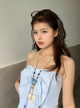 多巴胺彩色串珠仿火山石爱心项链小众设计锁骨链海边度假配饰长款