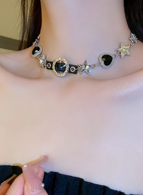 甜酷手工镶钻蝴蝶皮带扣皮革项链创意五角星爱心气质颈链项饰