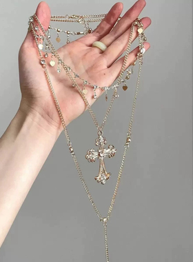 partyme手工 甜酷十字架双层叠戴项链辣妹轻奢小众设计锁骨链