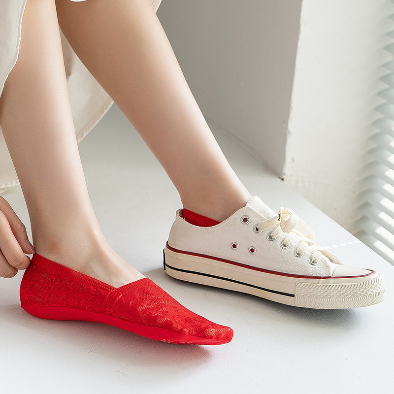 红色袜子女夏薄深口隐形蕾丝花边防滑棉底新娘结婚大红本命年船袜,淘宝优惠券,粉丝福利购,淘宝优惠卷