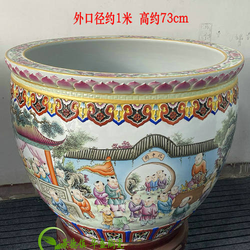 景德镇陶瓷器落地鱼缸水缸粉彩手绘百子图 群星祝寿图庭院子摆件 - 图2