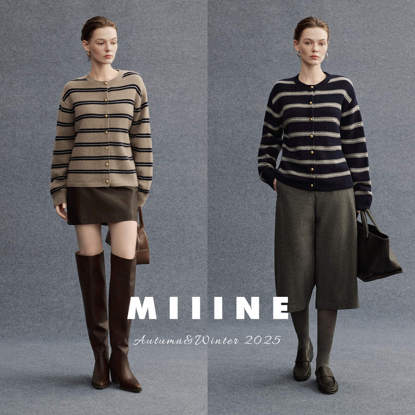 Miiine条纹全羊毛开衫 miu系宽松慵懒风软糯简约套头针织毛衣 - 图0