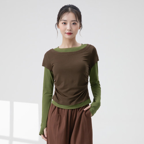 舞蹈服装女成人套指古典舞练功撞色拼接长袖假两件现代舞跳舞专用 - 图2