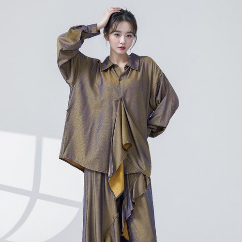 GTD现代舞服装女清水蓝飘逸宽松衬衫式演出练功服侧飘片爵士衬衣 - 图1
