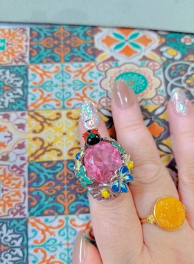 【BW中古】大粉莱茵石花丛戒指，少见款，戒围14-15，特价168