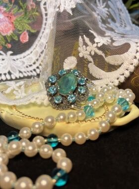 【BW中古】老捷克湖水绿胸针，也可做吊坠（配珍珠项链）特价688