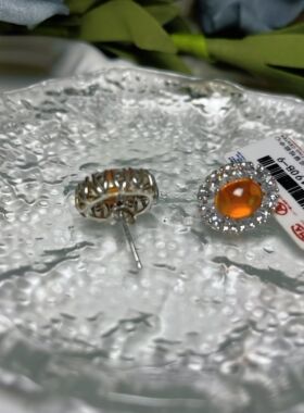 【BW宝石】火欧珀耳钉，银镶，火彩超棒，带证书