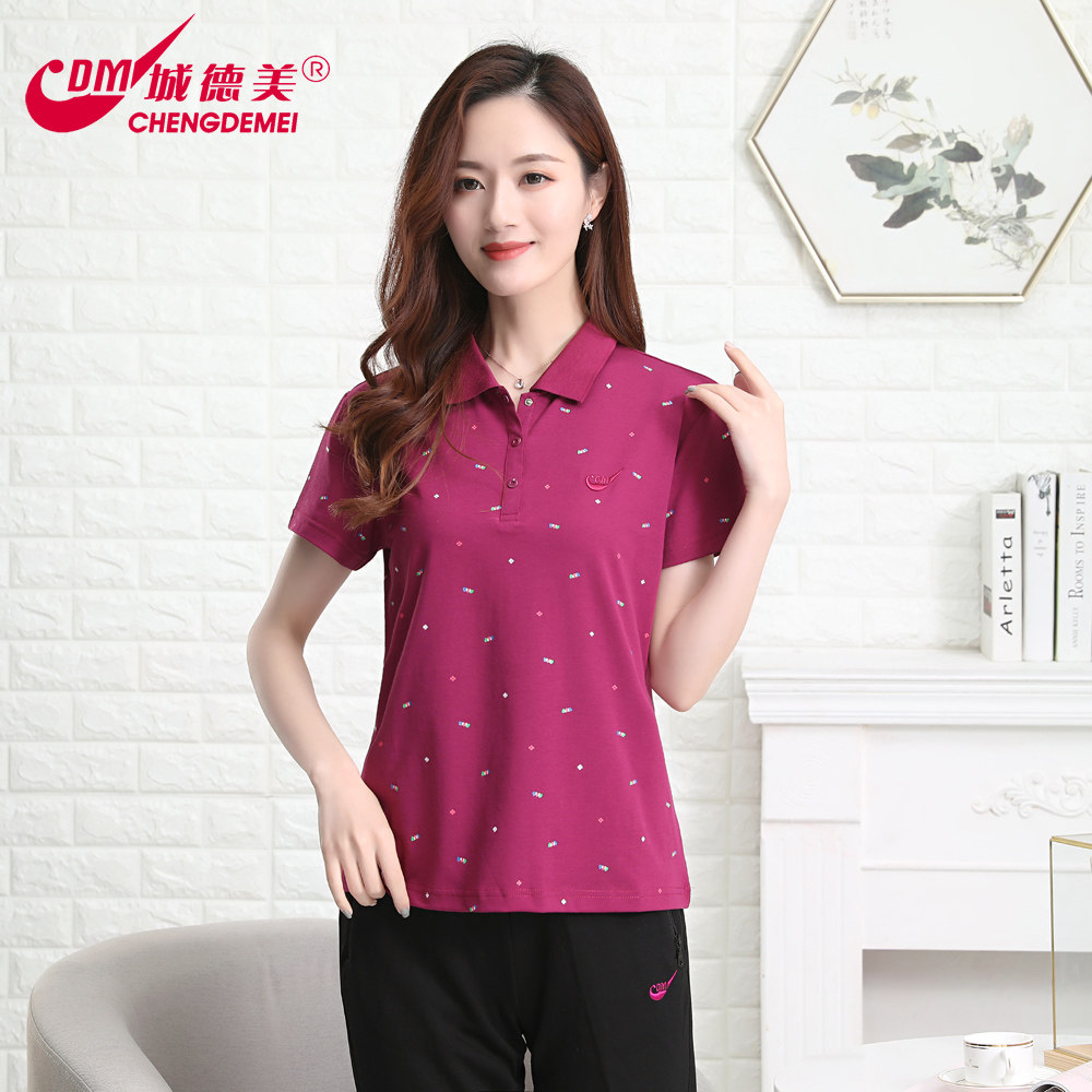 城德美夏季经典549 女式拉架纯棉翻领满身印花微弹休闲t恤polo衫