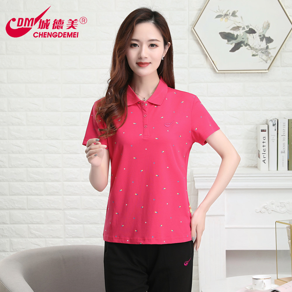 城德美夏季经典549 女式拉架纯棉翻领满身印花微弹休闲t恤polo衫