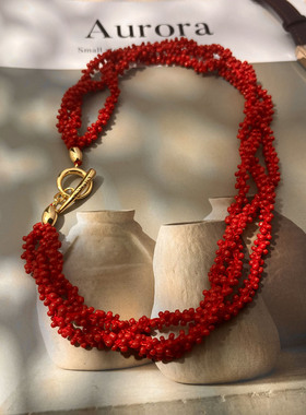 吾小历同款红色多股串珠项链