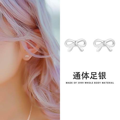 通体S999足银纯银小清新蝴蝶结耳钉螺丝拧养耳洞小众设计感韩版潮 - 图0