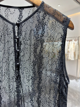 ສະຖານີເອີຣົບ 2024 Summer New Lace Hollow Vest Women's Blouse Crewneck Black Dress