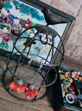 中古厚铁鸟笼造型首饰架花架装饰摆件孤品