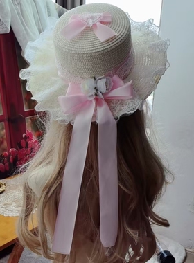原创lolita手作蝴蝶结洛丽塔女系夏季遮阳防晒田园蕾丝花边草帽子