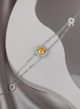 2024年新款天然一克拉黄钻手链s925纯银高级感太阳花双层满钻手链