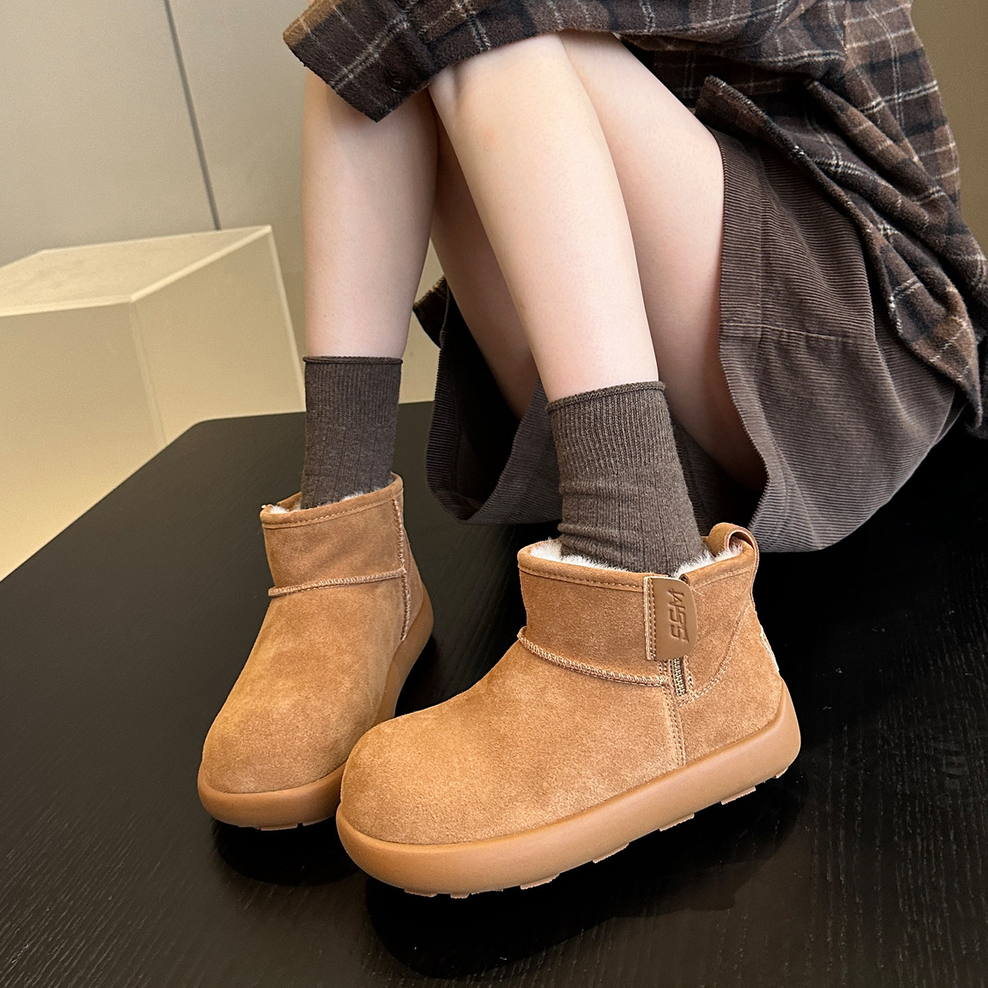 冬季流行~日系甜酷配堆堆袜牛皮加绒保暖短筒雪地靴女棉靴子棉鞋,淘宝优惠券,粉丝福利购,淘宝优惠卷
