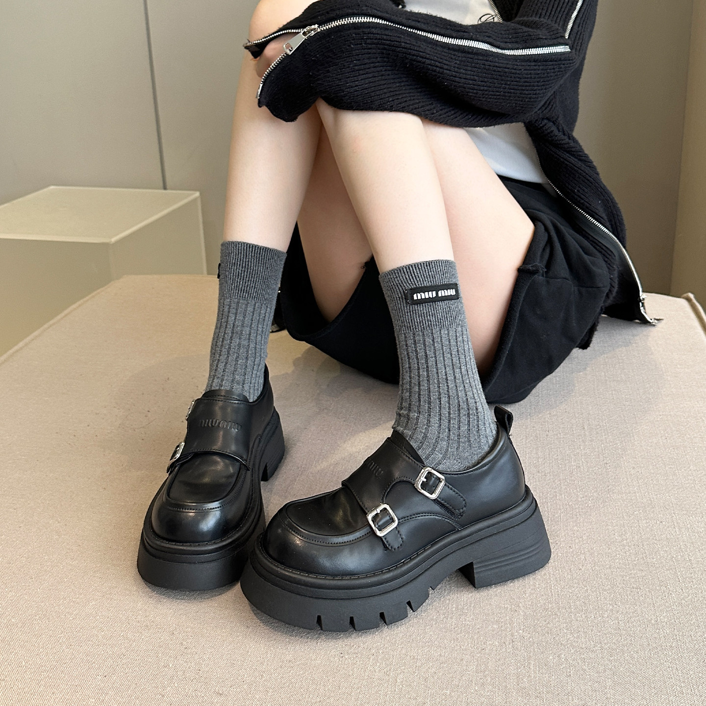 堆堆袜阔腿裤绝搭~秋新款真皮厚底增高英伦风jk小皮鞋女鞋乐福鞋,淘宝优惠券,粉丝福利购,淘宝优惠卷